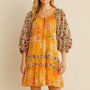 Roller Rabbit Semara Tamania Puff Sleeve Floral Mini Dress Yellow S
